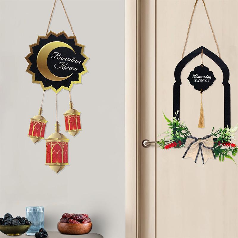 Ramadan Wooden Wall Hanging Decor Islamic Arch Design with Floral Tassel Festive Home Wall Decoration for Ramadan Eid Gift