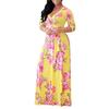 Women's V Neck Long Sleeve Printed Maxi Dress High Waist Casual Plus Size Gown