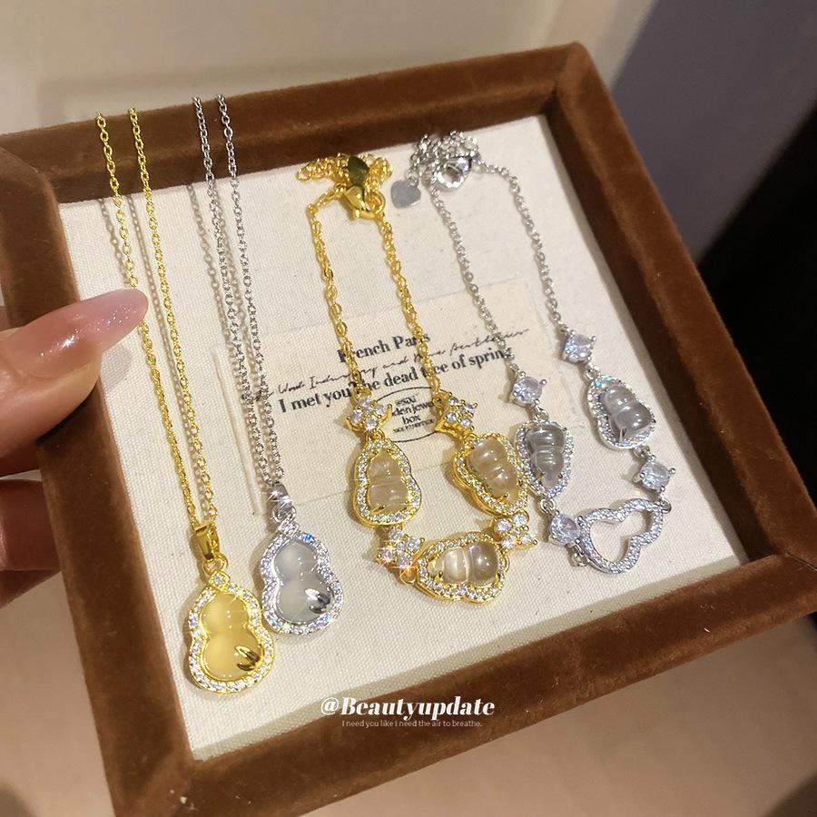 Minimalist Zircon Gourd Bracelet & Necklace Set - Elegant Women's Clavicle Chain Jewelry