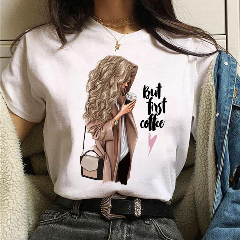 Summer Fashion Coffee Girl Urban Base Shirt Round Neck Pure Cotton Short Sleeved Women's T-Shirts Women’s