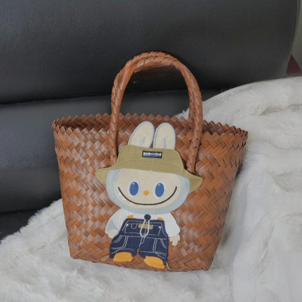 Labubu Summer new woven basket bag shoulder handbag women's bag cute pull cloth cartoon rattan bag CLE