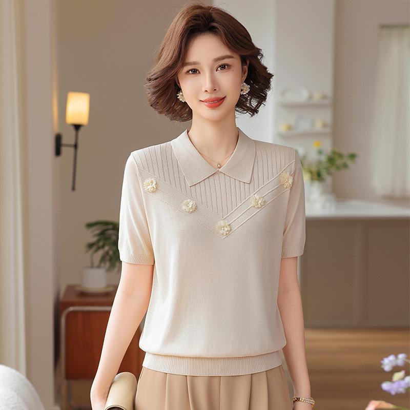 

2026 Summer High-End Ice Silk Blouse: Short Sleeve T-Shirt for Young, Middle-Aged & Elderly Women 4XL (for 135-150 lbs) бежевый