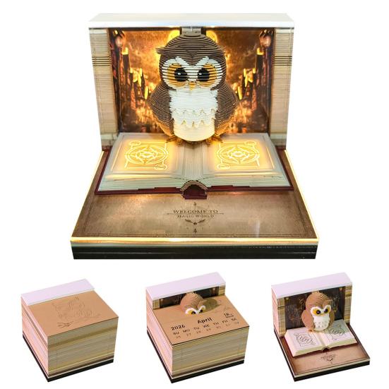 2026 Time Piece Calendar with LED Light 3D Dog Sticky Notes Tear Away Mini Desk Weekly Calendar Paper Craft Art Memo Pad Notepad Desktop Decoration