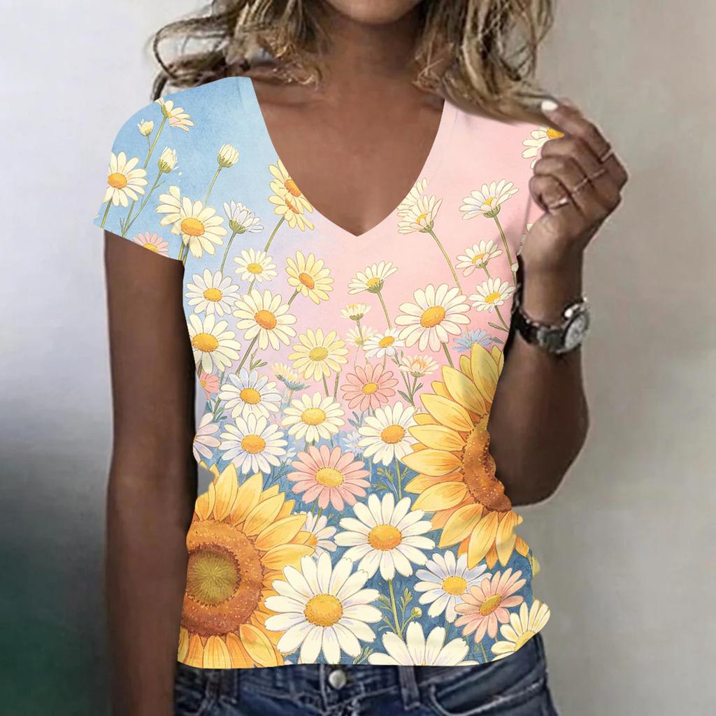 Women V Neck Short Sleeve Floral Print Casual Loose Fit T Shirt Lightweight Soft Fabric Comfortable Top for Daily Wear