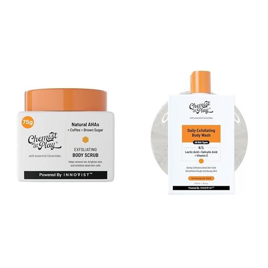 

Chemist At Play Exfoliating Body Scrub For Removing Tan & Dead Skin Cells For Men & Women | 75g 1% Salicylic Acid Exfoliating Body Wash 473ml