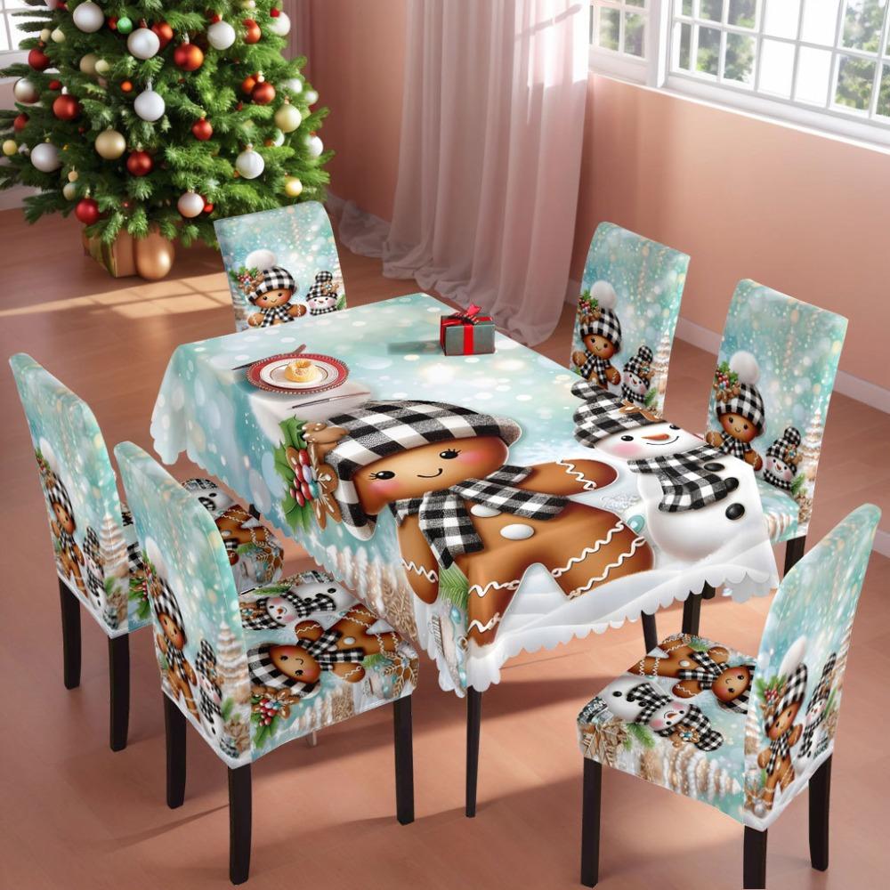 Christmas Santa Print Waterproof Polyester Tablecloth and Chair Covers Set for Dining Room