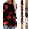 Women's Halloween Printed Long Sleeve Round Neck T-Shirt Mid-Length Casual Top