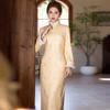 Womens Long Sleeve Chinese Style Dress Winter Warm Lined Yellow Brocade Qipao Vintage Daily Wear