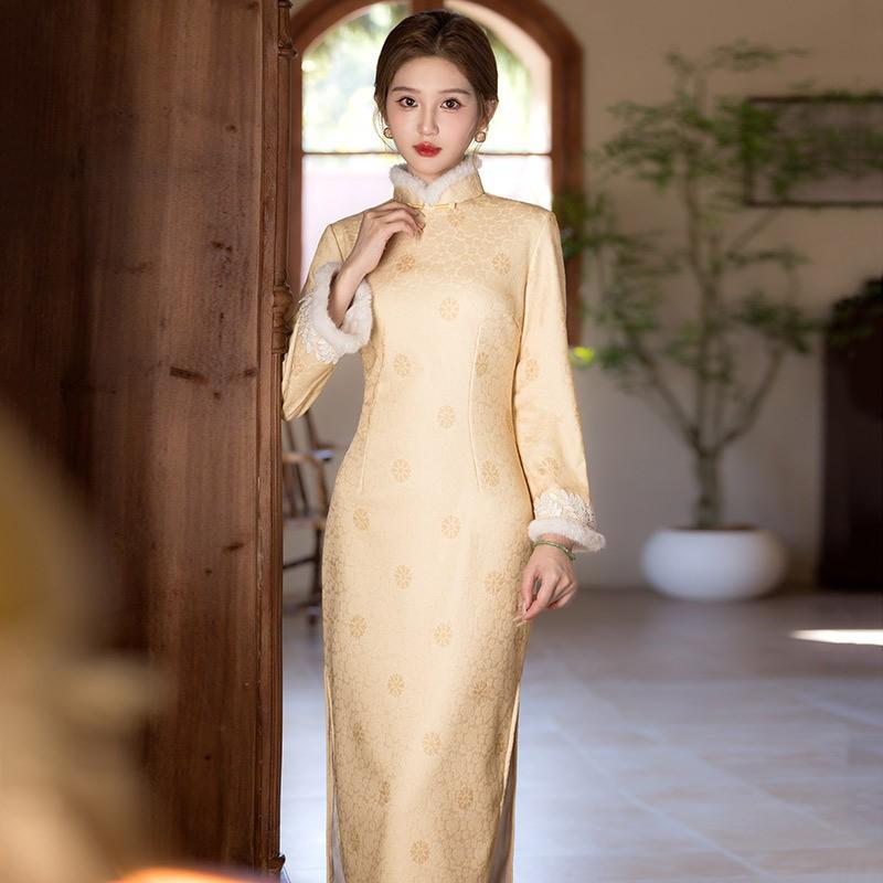Womens Long Sleeve Chinese Style Dress Winter Warm Lined Yellow Brocade Qipao Vintage Daily Wear