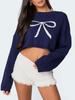 Autumn 2025 Women's Cropped Bow Knit Sweater with Long Sleeves