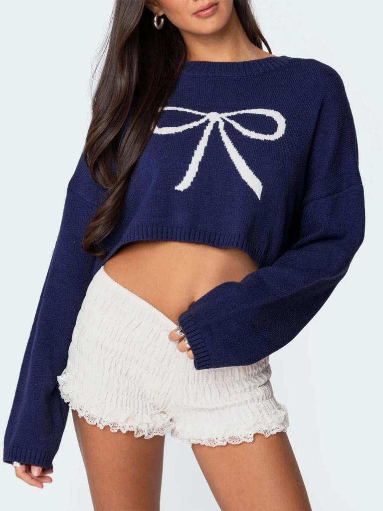 Autumn 2025 Women's Cropped Bow Knit Sweater with Long Sleeves