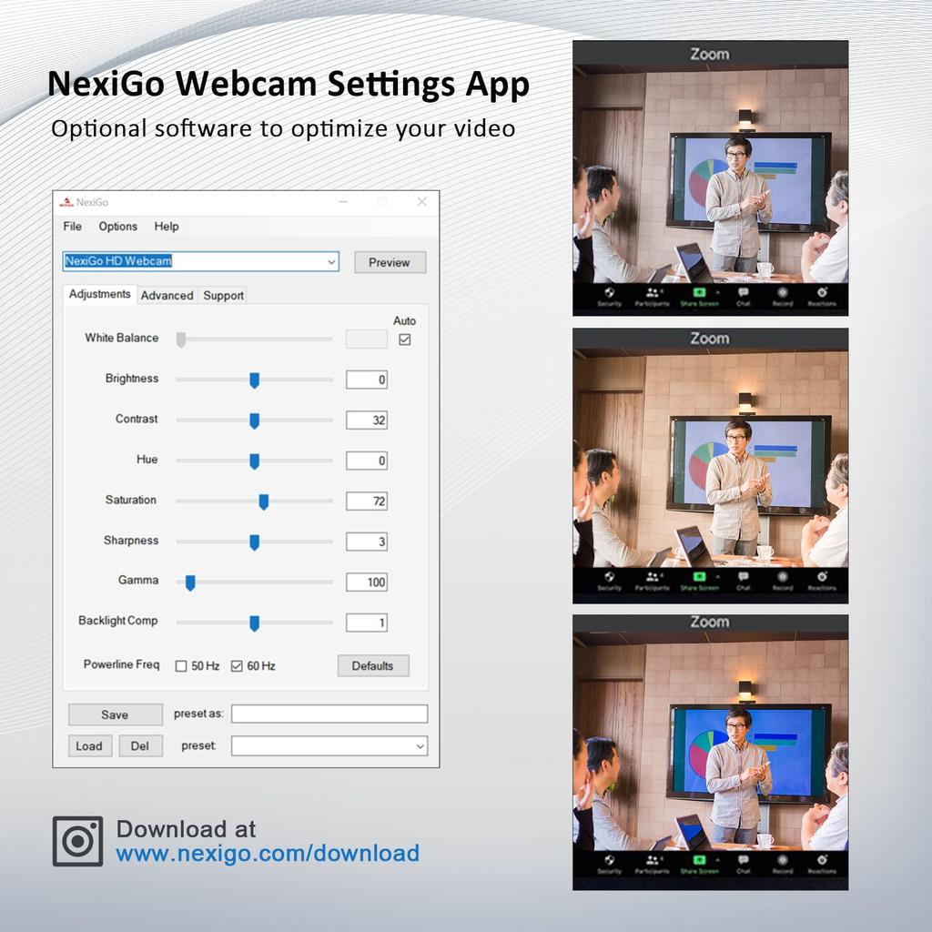 NexiGo N960E Webcam 60fps with Automatic Brightness Stepless 3 Color PC Privacy USB 2 Stereo Software Compatible with Zoom Light, 1080P, Correction,
