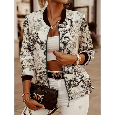 Vintage Graphic Print Zipper Jacket, Vintage Long Sleeve Contrast Trim Outwear for Spring & Fall, Women's Clothing