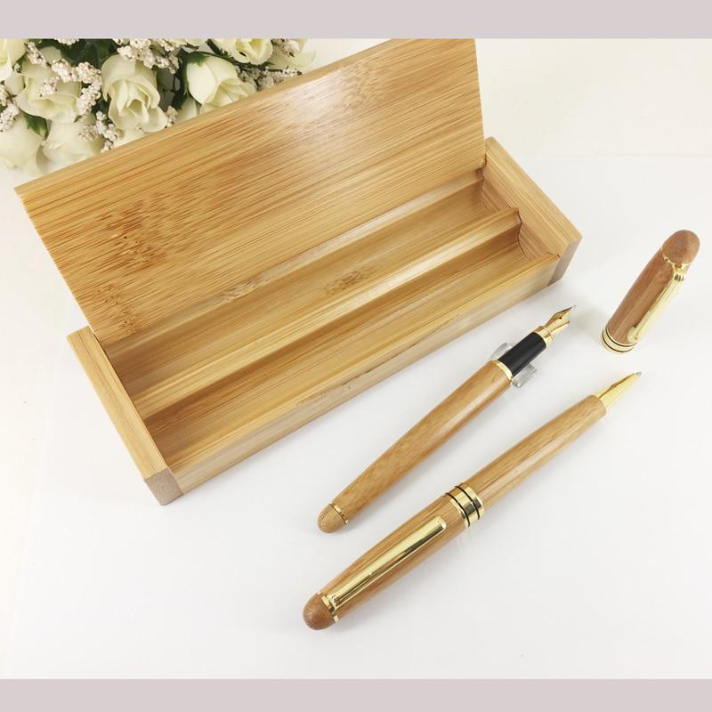 Bamboo Ball Pen and Fountain Pen with Square Bamboo Gift Box Eco-friendly Hand-made Bamboo Craft Writing Stationery Sets