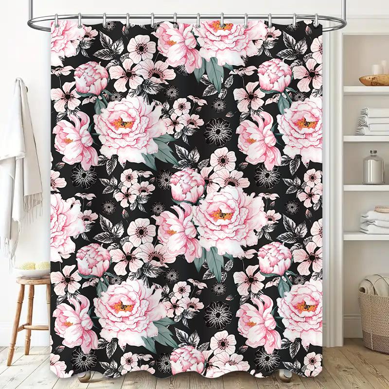 Modern Floral Shower Curtain Black Pink White Flowers Decorative Bathtub Cover Home Bathroom Accessories for Wedding Party Decor