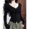 Women's Black V-neck Slim Knit Top - Spring/Autumn Fashion