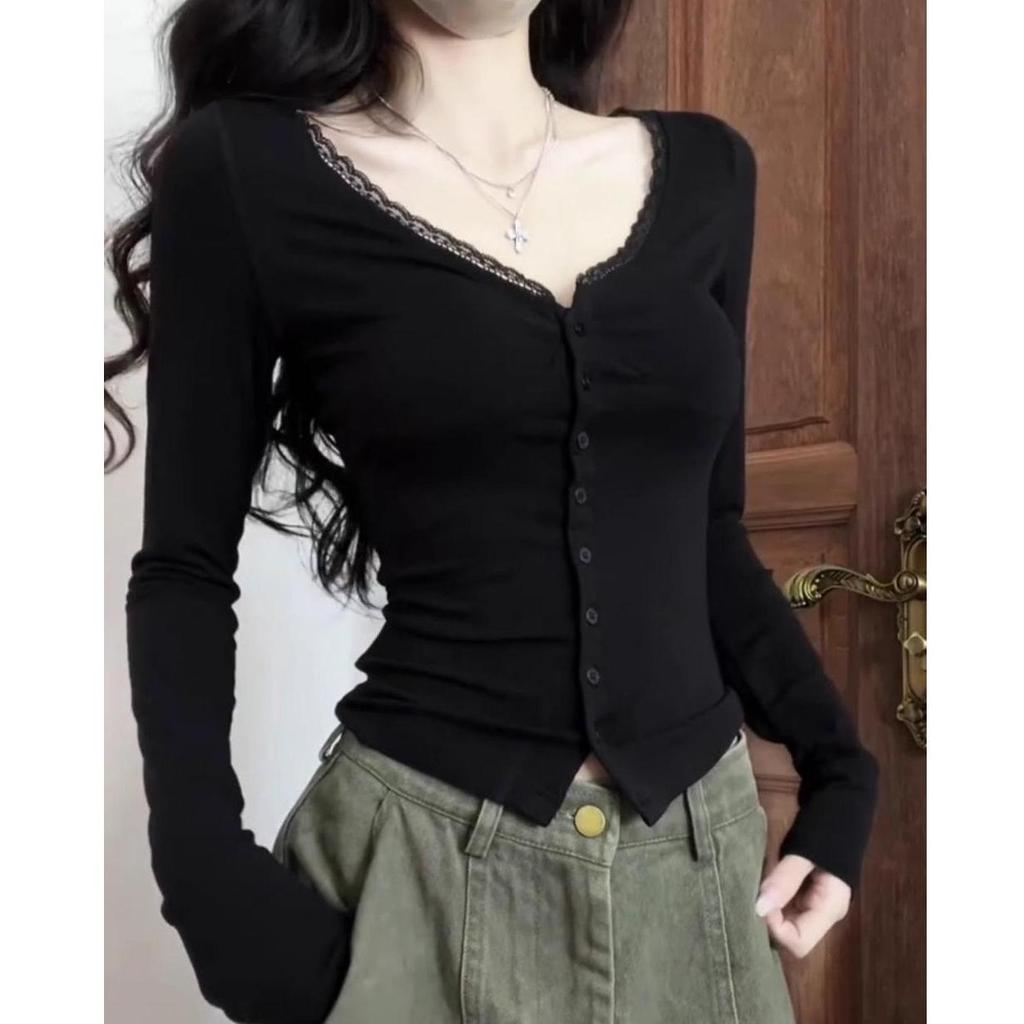 Women's Black V-neck Slim Knit Top - Spring/Autumn Fashion