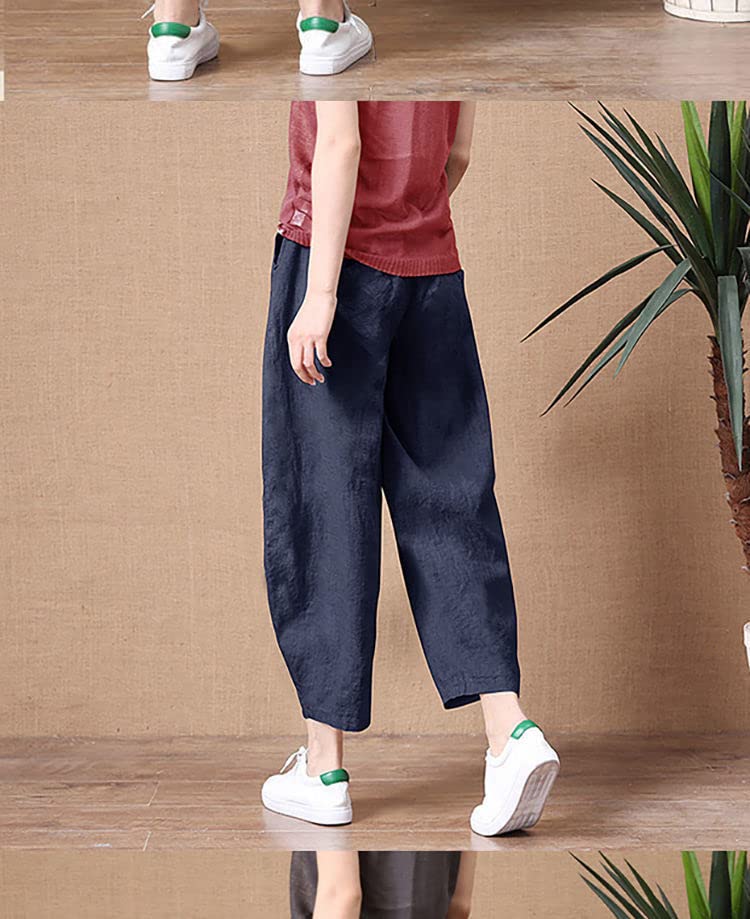 Cotton Harem Loose Solid Casual Elastic Summer Cropped Pants Navy [JINJUDUO] Women's Pants, Fit, Color, Pants, Waist, (XL, Blue)