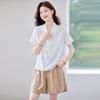 TeloMan Women's V-Neck Short-Sleeve Blouse with Tie-Neck Design