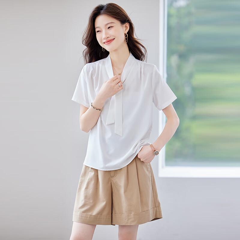 TeloMan Women's V-Neck Short-Sleeve Blouse with Tie-Neck Design