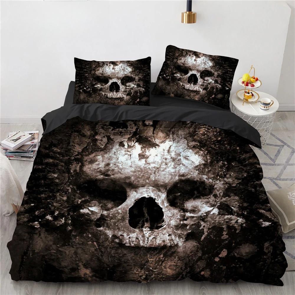 Black Hat Skull Bettwäsche-Set Queen-Size Halloween Bettbezug-Sets Moderner Stil Schlafzimmer-Bettwäsche-Set Bettdeckenbezug Kissenbezüge
