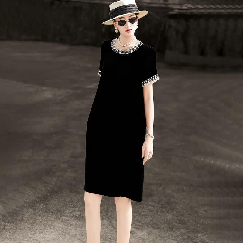 Elegant French Retro Hollow Embroidery Silk Velvet Dress