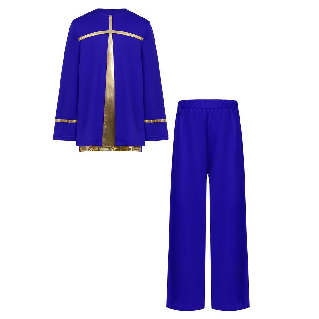 Kids Boys Church Performance Set: Long Sleeve Metallic Patchwork Top & Wide-Leg Pants with Elastic Waistband for Praise Dance