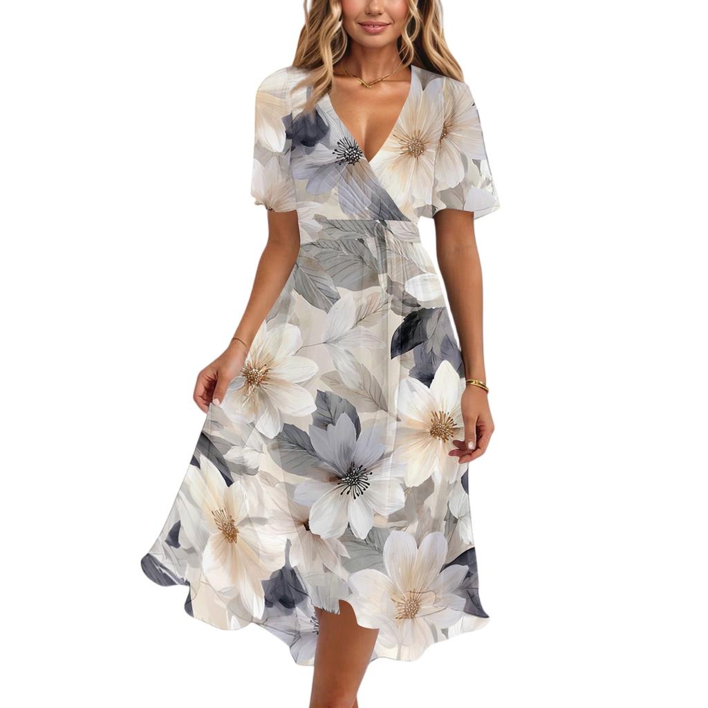 Women's Fashion Casual V Neck Short Sleeve Ruffled Vintage Printed Dresses