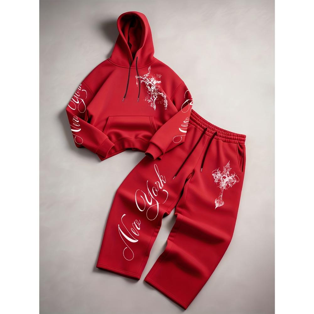 Men's Autumn and Winter Sports Shirt Set, Classic Letter Pattern Print, Drawstring Hooded Sports Shirt and Drawstring Casual Sports Pants