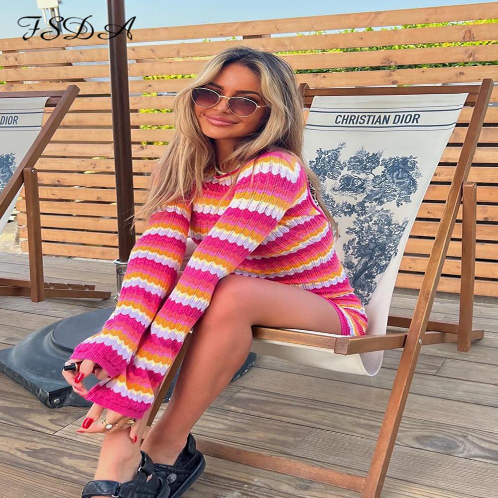 Streifen Stricken Frauen Strand Kleid Bodycon Rückenfrei Langarm Grün Casual Sommer Urlaub Sexy Kleider Party