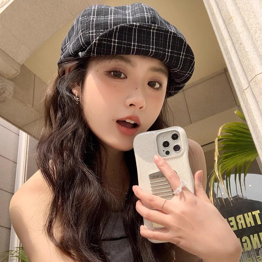 Plaid Beret Female Spring And Summer Mori Literary And Artistic Versatile Newsboy Hat Showing Face Small Octagonal Hat Painter Hat