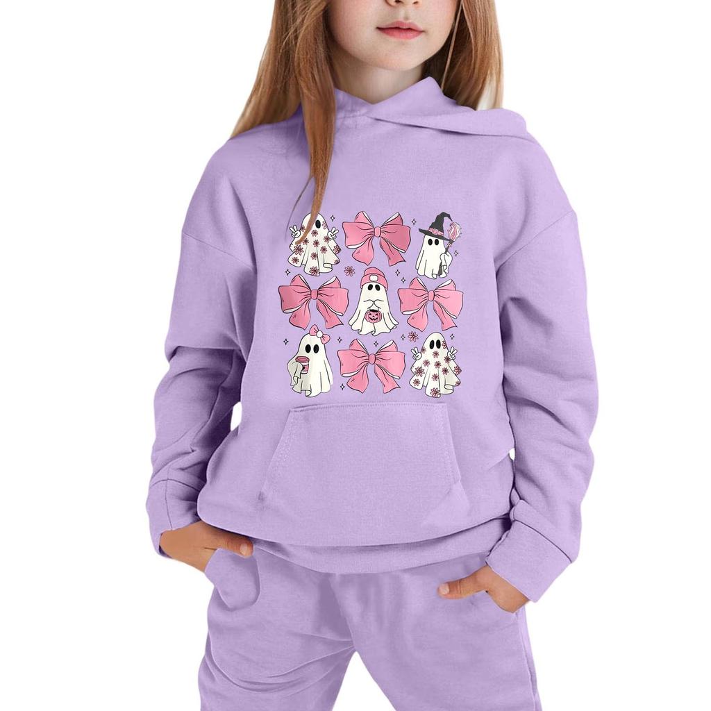 Kids Halloween Hoodie Pullover Sweatshirt with Ghost and Bow Print Long Sleeve Casual Top for Boys Girls