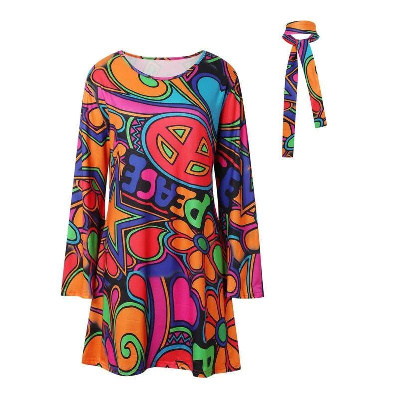 Women's Long Sleeve Dress with Headscarf Printed Tape Headscarf Dress Female