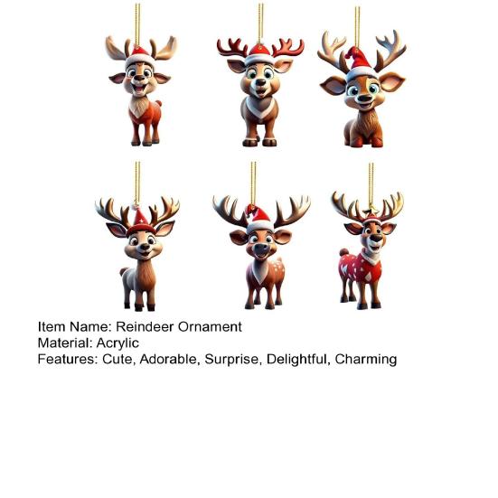 Yousheng 6 Pcs Christmas Reindeer Ornament Cute Cartoon Elk Acrylic Hanging Decoration with Santa Hat 2D Flat Animal Pendant for Car Interior Home