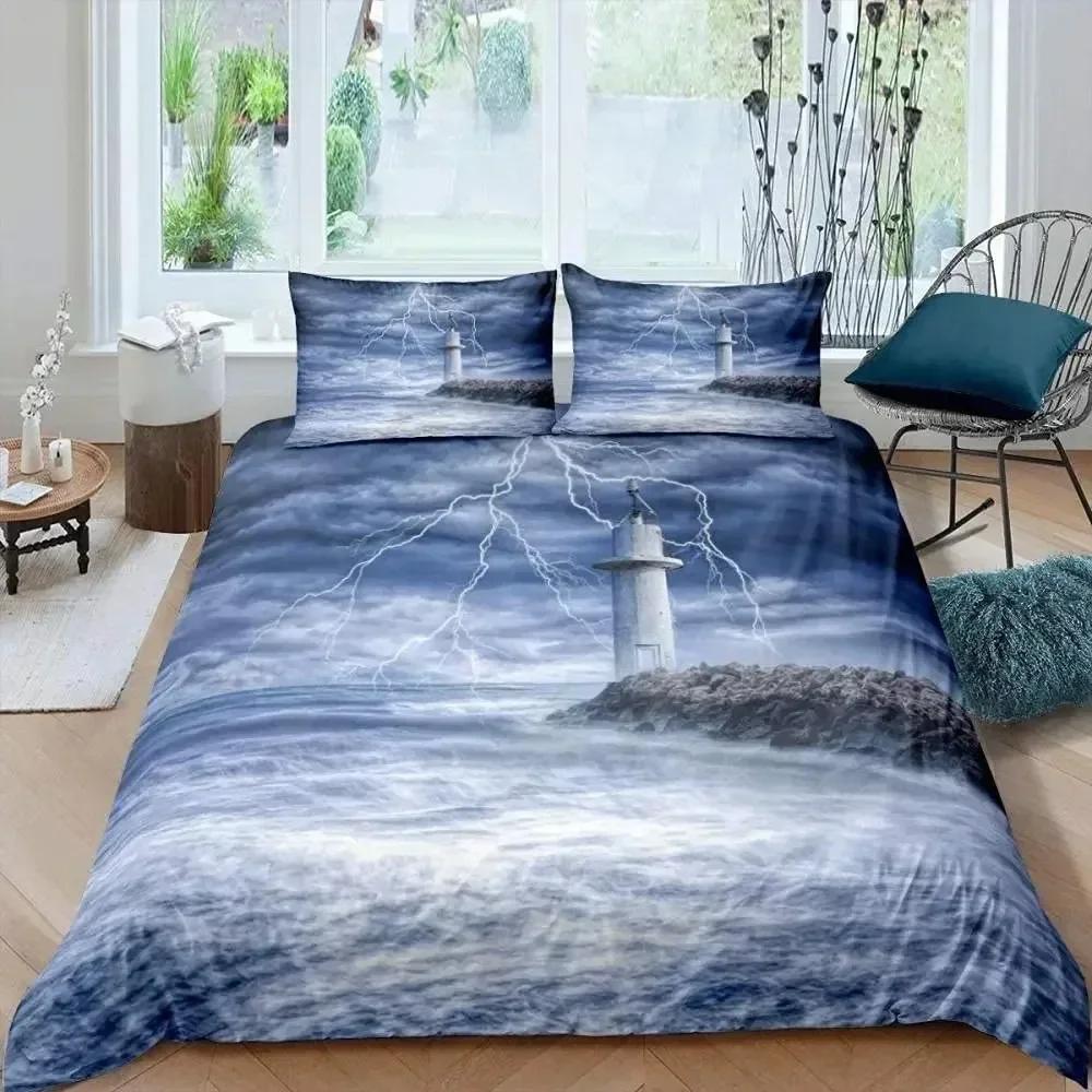 Top Lighthouse Duvet Cover Set Nautical Surfing Ocean Wave Bedding Set Queen Polyester Coastal Nature Theme Quilt Cover