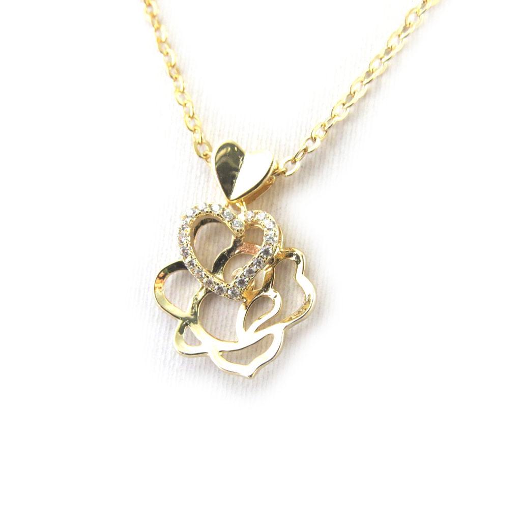 Les Trésors De Lily [M8900] - Gold Plated Necklace 'Rosa Romantica' Golden White (love) - 20x15 Mm