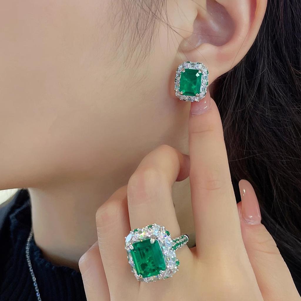 Vintage Green Diamond Pendant, Open Ring, Premium Stud Earrings, Luxury Setting, Cultivated Synthetic Emerald Set.