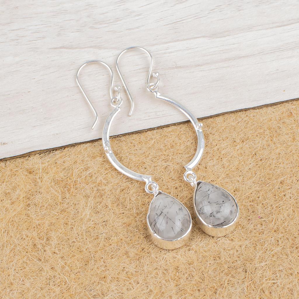 Black Rutile Gemstone Handmade Jewelry, 925 Solid Sterling Silver Earrings, Handmade Glorious Earrings For Wedding Gift