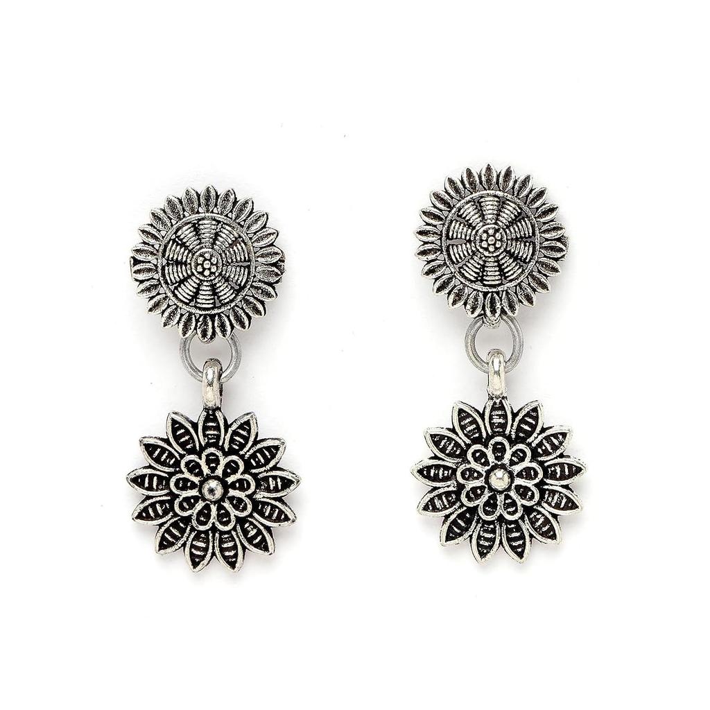 Trendy Oxidised Silver Plated Floral Shaped Choker Necklace Set For Women