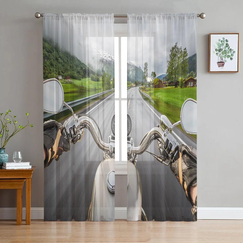 Cortinas Traslúcidas Vintage de Motocicleta para Ventana de Sala de Estar, Cortinas de Tul para Dormitorio, Cocina, Decoración del Hogar, Cortinas Voile