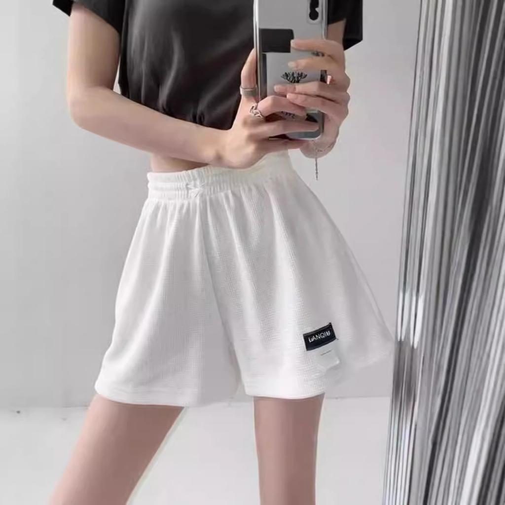 Waffle Shorts, Loose Sports Shorts Women's Elastic Waist Wide Leg Hot Pants Casual Skinny High Waist Straight Home