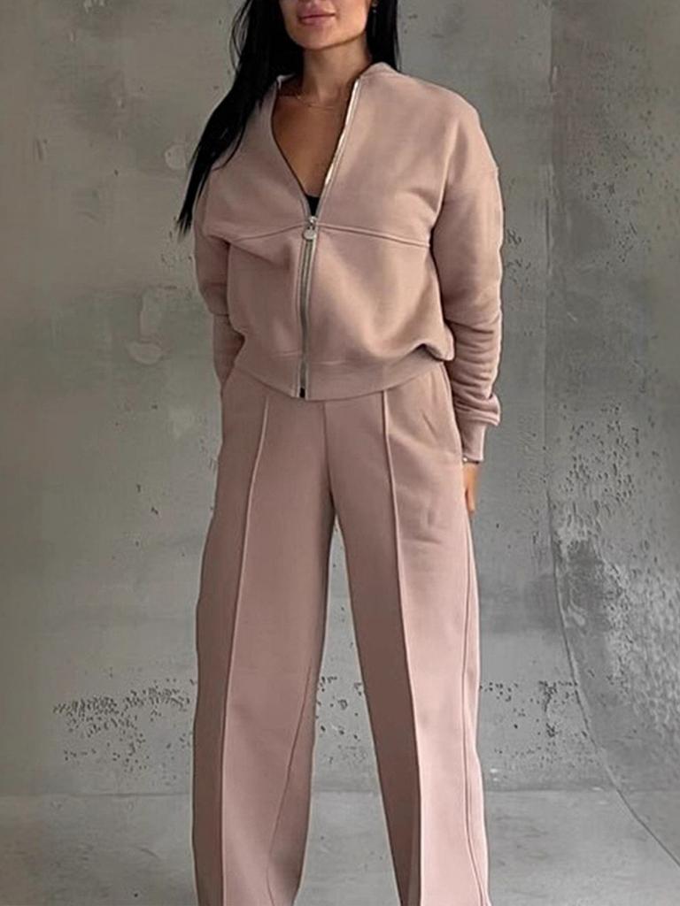 Damen Herbst und Winter Unifarbene Lässige Reißverschlussjacke Weite Hosen Zweiteiliges Set