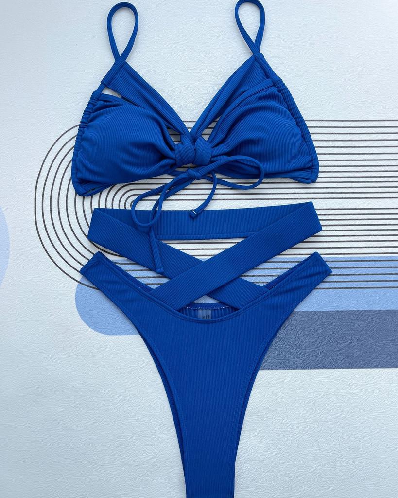 Seksowny Hollow Out Bikini Set 2024 Kobiety Czarny Zielony Wiązany Rozcięty Dwuczęściowy Kostium Kąpielowy Letni Strój Kąpielowy Wysoki Stan Strój Kąpielowy Biquini