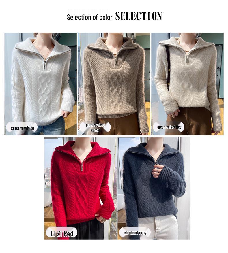 Women's Heavyweight Thickened 100% Wool Half-Zip Sweater, Autumn/Winter Fashion, Versatile Knitwear with Large Turn-Down Collar.