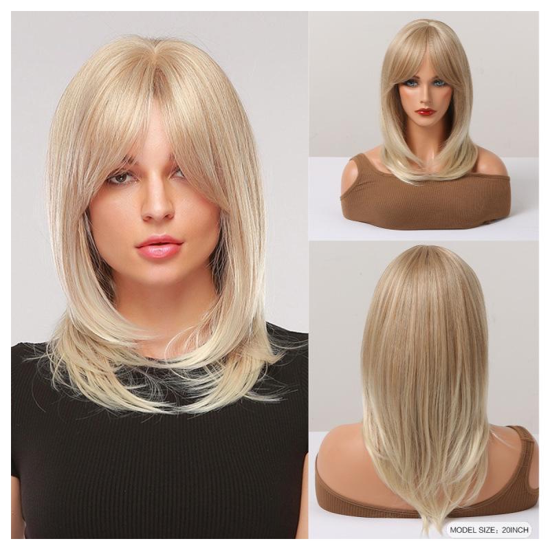 Długie czarne warstwowe peruki syntetyczne z grzywką Karmelowo-brązowa peruka z prostymi włosami Blond podkreśla Włókno termoodporne Kostium do użytku codziennego