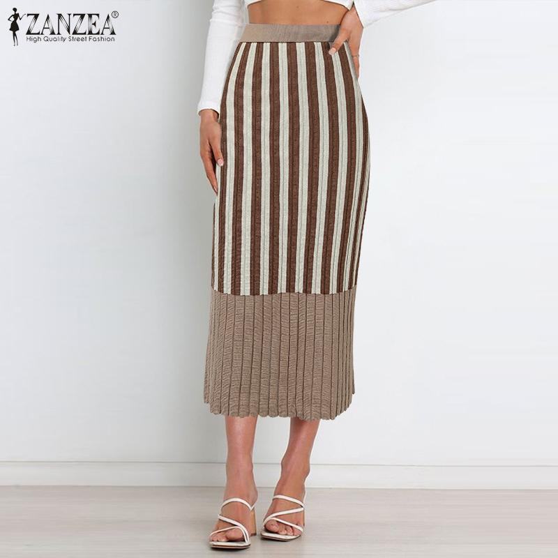 

ZANZEA Womens Autumn Knitwear Striped Print Casual Knitted Rib Skirts S синій