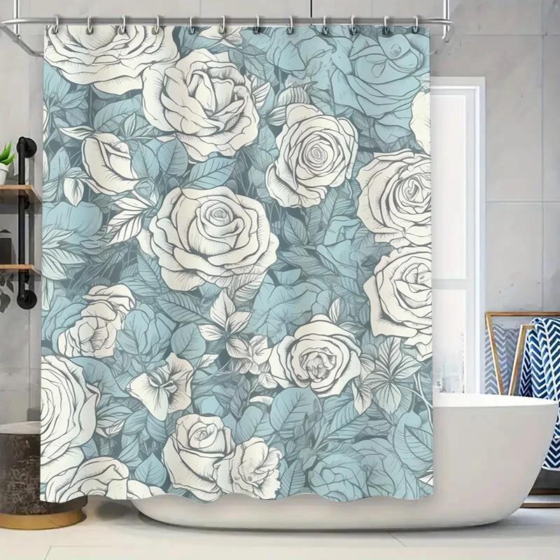 Floral Print Shower Curtain Waterproof Bathroom Decor Fabric Home Decoration Modern White Roses Blue Floral Printed Shower curta