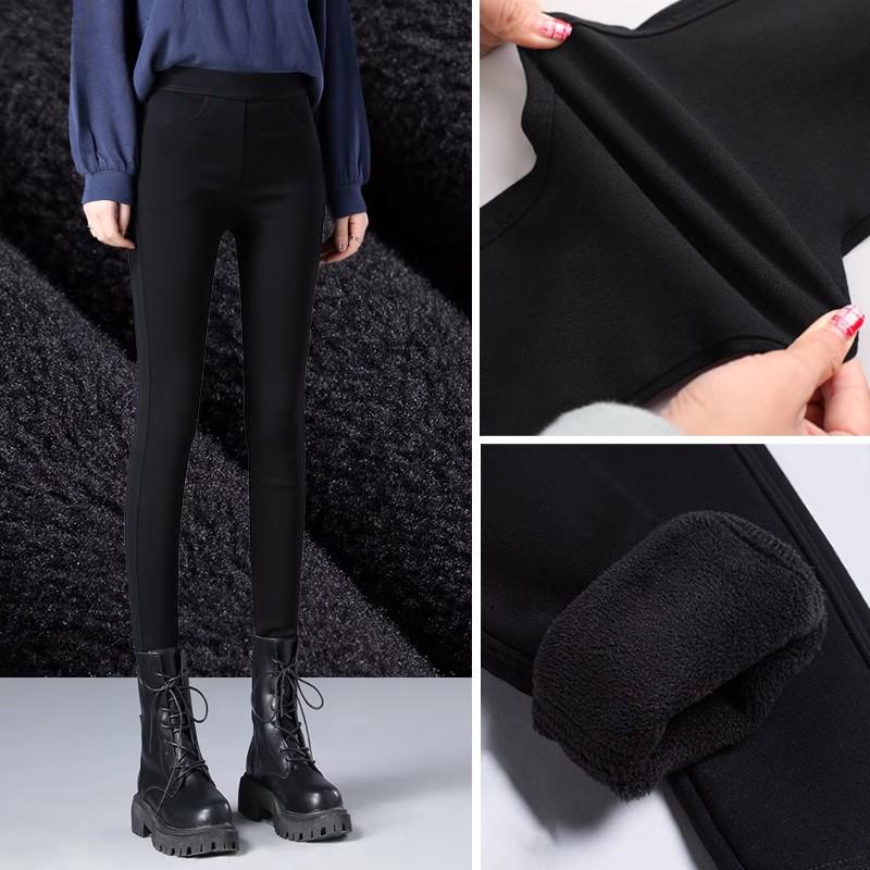 Women's Black High-Waisted Slim-Leg Pants - Velvet Lined, Elastic Waist, Tight-Fit, Petite, Ideal for Autumn/Winter.
