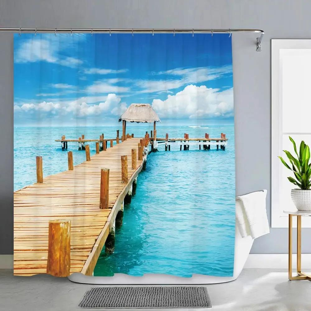 1PC Green Tropical Plants Shower Curtains for Bathroom Polyester Seaworld Shower Curtain Printing Curtain Beach Shower Curtains