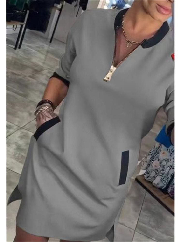 2024 V-Neck Zipper Seven-Sleeve Casual Dress